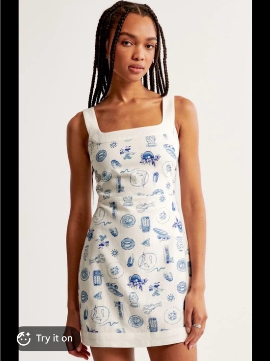 Abercrombie & Fitch Dresses & Skirts - Abercrombie & Fitch White Linen Mini Dress with Blue Print